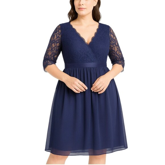 Banded Waist Navy Blue Plus Size Lace & Chiffon Dress 💙✨ - Picture 3 of 7